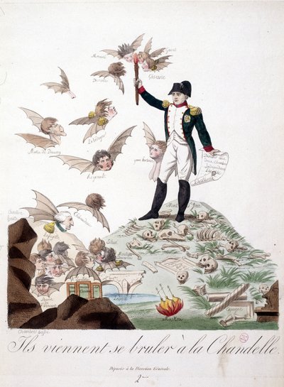 Tegneserie om Napoleon I afbildet på en bakke dækket med skelet og holdt et lys, der brænder karaktererne af karakterer (Merlin de Douai, Regnault ...) repræsenteret i flagermus. - I Napoleon I, karikaturer, Dummy Collection. 1814 - 1815. B.H.V.P. af Unknown artist