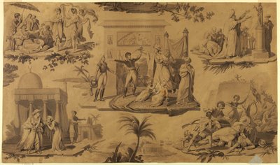 Tegneserie for trykt bomuldstekstil: Franskmændene i Egypten [Les Francais en Egypte] af Unknown artist