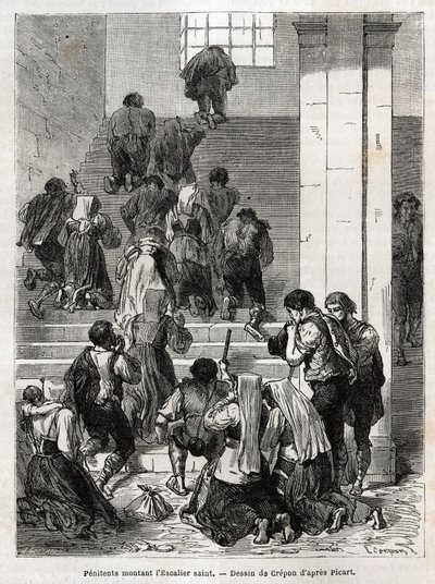 Katolske angrende går op ad den hellige trappe til Rom. Indgravering for at illustrere historien om Ludovic Celler; den hellige uge i Rom af Unknown artist
