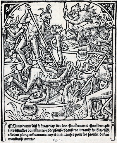 Kedler fulde af kogende olie og bly, som djævle kaster de grådige ned i for at få dem fulde med deres dårlige grådighedsbeskrivelse af helvedes Lazarus. Fac simile du "Calendrier des Bergers"" profetisk almanach trykt af Claude Nourry i 1504 for Jacques Hu af Unknown artist