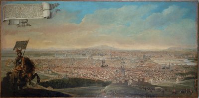 Cavalier view of Paris, med rytterportrættet af Chevalier des Essarts, ca. 1645 (olie på lærred) af Unknown artist