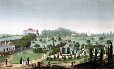 Kirkegården i Père Lachaise, omkring 1820 - i ""Views of Paris"" af Courvoisier af Unknown artist