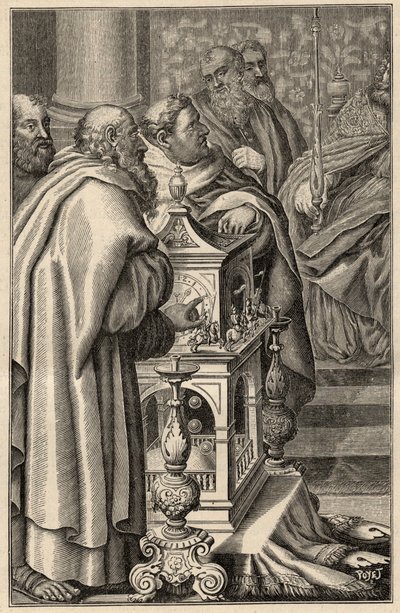 Karl den Store modtager en gave af et clepsydra (vandur) fra Harun al-Rashid - I 797 tilbyder kaliffen i Bagdad, Haroun ar-Rachid (765-809) Charlemagne et clepsydra (vandur, tidsmåling) emblematisk for den teknologiske viden- hvordan med arabisk civi af Unknown artist