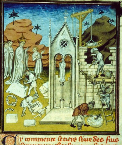 Karl den Store besøger byggepladsen for en katedral - Belysning af manuskript på middelalderens velin "Store krøniker fra Saint-Denis" slutningen af det 14. århundrede (ref. 512, 096r) Anmodning om tilladelse til Toulouses kommunale bibliotek (tlf.: 05 62 af Unknown artist
