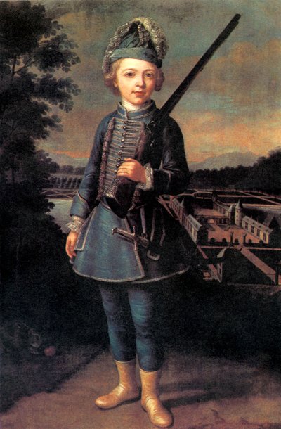 Charles-Joseph de Ligne omkring 10 år i fantasiuniform foran Beloeil slot af Unknown artist