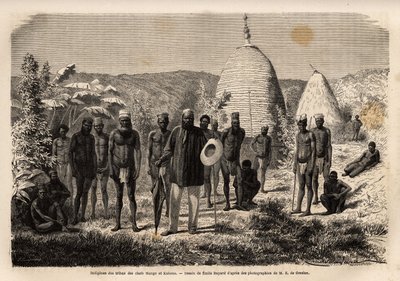 Chief Mango, hvis Kone-stamme blev svækket af successive angreb fra bjergstammerne, fandt tilflugt i Gatope på kysten af et venligt folk ledet af Chief Kahoua (med hat og paraply). Engravure pour illustrrer le voyage à la Nouvelle Caledonie, af af Unknown artist