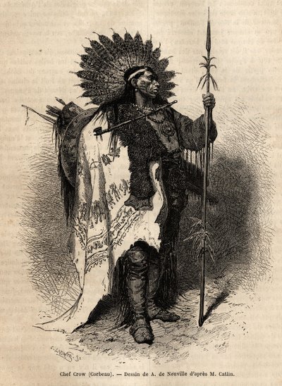 Chief Yellow Moccassin, af Crow Indian-stammen, der bor langs Lewis-floden. Gravering til illustration af en udflugt blandt indianerstammerne i bassinerne i Colombia og Upper Missouri, af G. Catlin, i 1855, udgivet i "" le tour du monde"", under af Unknown artist