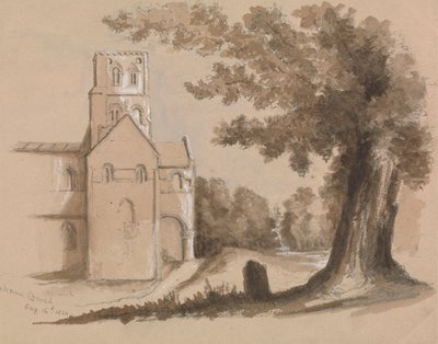 Kirke med træ og gravsten i forgrunden af Unknown artist