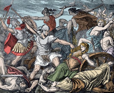 Cimbriske kvinder forsvarer deres vognfort - romersk antikvitet, Cimbres-krigen: Cimbres-kvinders ofring mod romerske soldater af Unknown artist