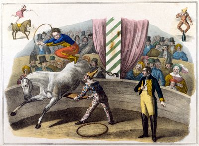 Cirkusscene, væbner, der laver kunstflyvning af Unknown artist