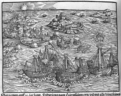 Sammenstød mellem saracenere. Gravering af Johann Stumpff "" Den noble struen belten fromen"" af Unknown artist