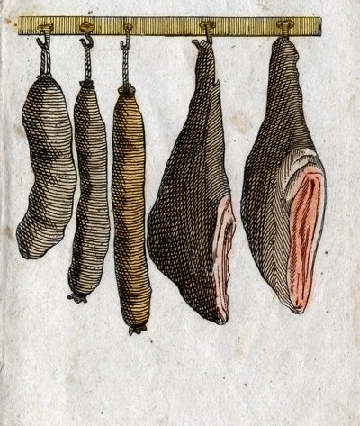 Pålæg: Pålægskroge med skinkekød og suspenderet pølse. Slutgravering af 1700-tallet. Privat samling. af Unknown artist