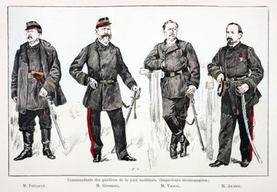Kommandører for de mobiliserede fredsbevarende styrker (divisionsinspektører), fra venstre mod højre: Mr. Foucault, Mr. Giobergia, Mr. Vassal, Mr. Archer. Farveætsning, til illustration "History of the Corps of Peacekeepers"" bog udgivet i regi af Unknown artist