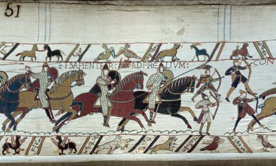 Englands erobring af hertugen af Normandiet Vilhelm Erobreren (1027-1087) i 1066: begyndelsen af slaget ved Hastings. Detalje af Bayeux-tapet eller broderi af dronning Mathilde af Unknown artist