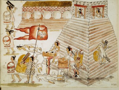 Erobring af Mexico: ødelæggelse af Tenochtitlan, hovedstaden i det aztekiske imperium, af soldaterne af conquistador Hernan Cortes (Hernando Cortez) (1485-1547) den 24/06/1520”” Miniature fra et manuskript af Unknown artist