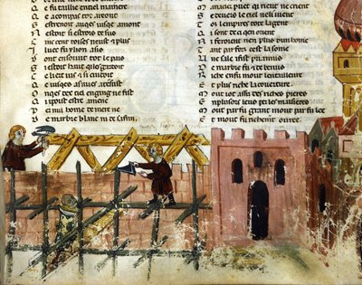 Byggescene. Miniature af "Roman de Troy"" af Benoit de Saint Maure. Biblioteca Marciana fra det 14. århundrede, Venedig af Unknown artist