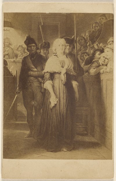[Kopi af et uidentificeret maleri: kvinder føres ind i en retssal af mænd med rifler og sværd]. af Unknown artist