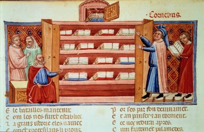 Cornelius Nepos, romersk biograf (100-v.25 f.Kr.), opdager i en garderobe historien om Troja af Dares den frygiske. Miniature i "" Le Roman de Troie"" (Folio 2v) af Benoit de Sainte-Maure (1100-tallet) af Unknown artist