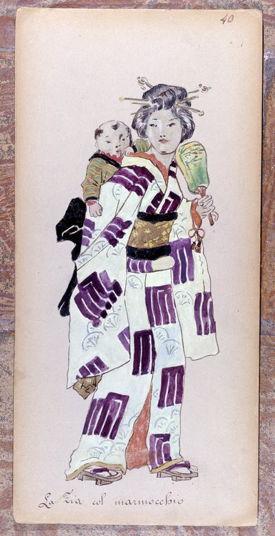 Costume de la zia con il marmocchio (barn) til skabelsen af Madame Butterfly af Giacomo Puccini i 1904. Samling af Museo della Scala i Milano. af Unknown artist
