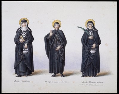 Kostumer: 1. Santa Ubaldesca, 2. St Ugo Commendant di Genova, 3. Santa Toscana di vita. sd. 19. århundrede af Unknown artist