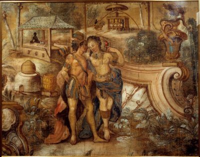 Par en kvinde med en indianer foran en sukkerplantage i Vestindien. Anonymt maleri af Unknown artist