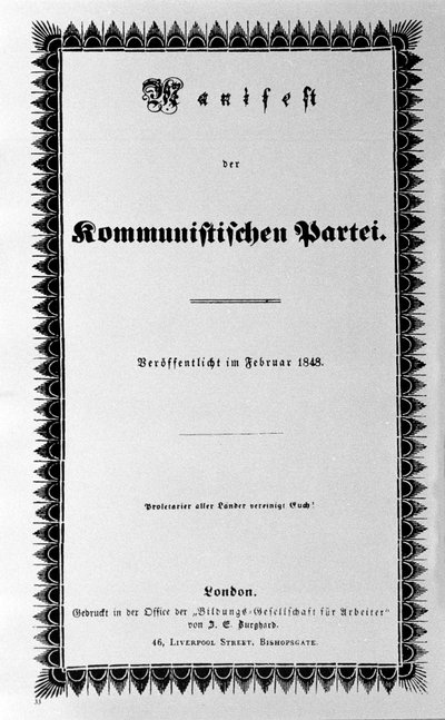 Forside til Kommunistpartiets manifest af Karl Marx og Friedrich Engels, første udgave, London 1848 (30 sider). "Proletarer i alle lande forener jer" af Unknown artist