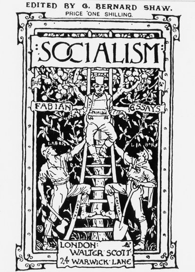 Forside af Fabian Society-magasinet "Socialism", redigeret af G. B. Shaw. Allegorien repræsenterer privilegiet øverst på skalaen, der symboliserer kapital og overvåger arbejdere med to våben. Gravering. af Unknown artist