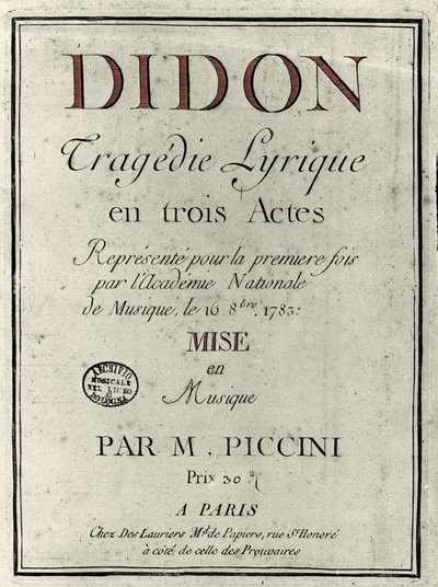 Cover af librettoen til operaen "" Didon"" af komponisten Niccolo Vito Piccini (eller Piccini) (1728-1800). 1783 af Unknown artist