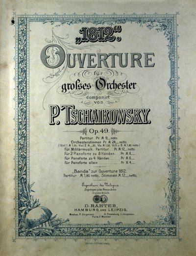 Cover til åbningspartituret "" Året 1812""" opus 49 af Piotr eller Petr Iljitsj Tjajkovskij (eller Tjajkovskij eller Ciajkovskij eller Tjajkovskij af Unknown artist
