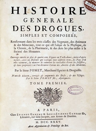 Forside til "General History of Drugs, Single and Composed" af Pomet af Unknown artist