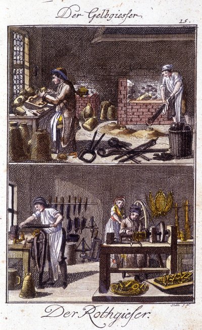 Håndværk: kobbersmelter og dinandier i deres værksteder. I “” Omfattende beskrivelse af kunsthåndværk og værksteder for unge”” af Johan Peter Vire. Ed. Nürnberg, Weigel og Schneider af Unknown artist