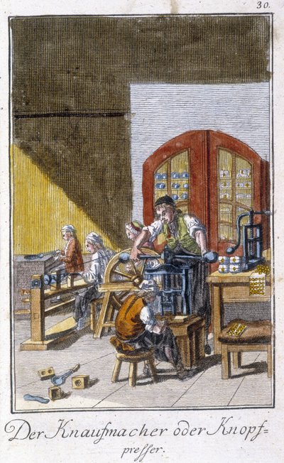 Håndværk: producenten af knapper på sit værksted. I "" Omfattende beskrivelse af kunsthåndværk og værksteder for unge"" af Johan Peter Vue. Ed. Nürnberg, Weigel og Schneider af Unknown artist