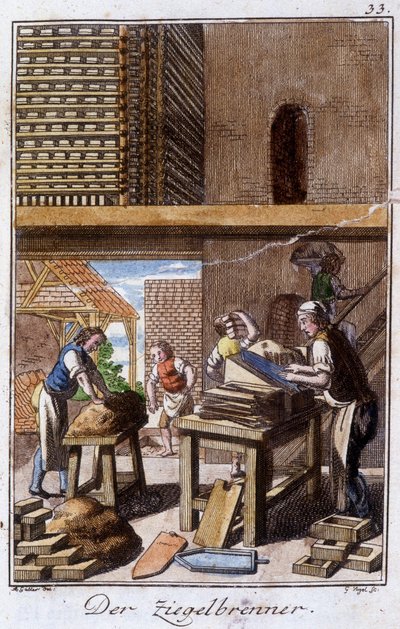 Håndværk: flise- eller murstensmageren på sit værksted. I "" Omfattende beskrivelse af kunsthåndværk og værksteder for unge"" af Johan Peter Vue. Ed. Nürnberg, Weigel og Schneider af Unknown artist