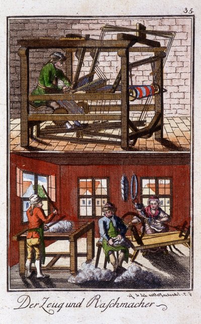 Håndværk: væveren i sit værksted. I "" Omfattende beskrivelse af kunsthåndværk og værksteder for unge"" af Johan Peter Vue. Ed. Nürnberg, Weigel og Schneider af Unknown artist