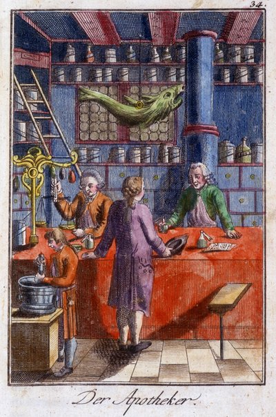 Håndværk: apotekeren (apotekeren) i hans værksted. I “” Omfattende beskrivelse af kunsthåndværk og værksteder for unge”” af Johan Peter Vire. Ed. Nürnberg, Weigel og Schneider af Unknown artist