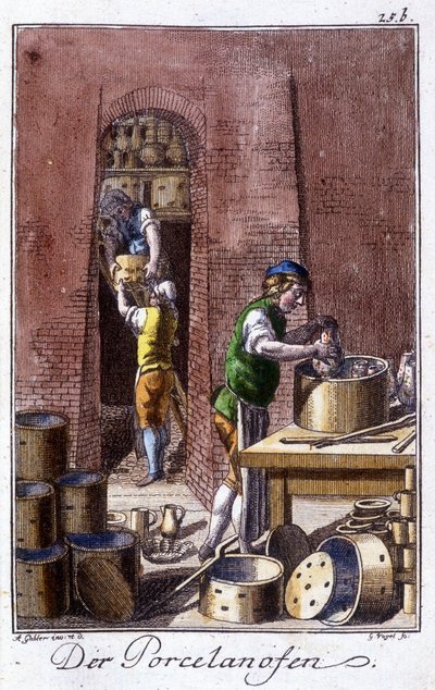 Håndværk: porcelænsmageren på sit værksted. I "" Omfattende beskrivelse af kunsthåndværk og værksteder for unge"" af Johan Peter Vue. Ed. Nürnberg, Weigel og Schneider af Unknown artist