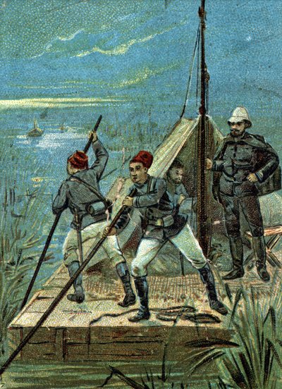 Krydser marsken ved Bahr el Ghazal i Afrika ved Marchand-missionen i 1899. Liebig-kromolitografi fra det 19. århundrede af Unknown artist
