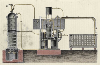 Skæring af Ferdinand Carres (1824-1894) industrielle apparat for at lave is. Indgravering af det 19. århundrede af Unknown artist