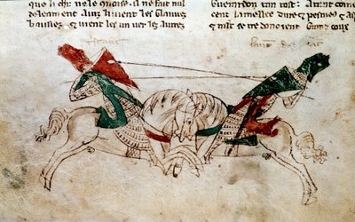 Cyklus af kong Arthur: "" Slaget ved Lancelot og Tristan"" Miniature taget fra "" Romanen af Meliadus de Leonnoys: sammen adskillige andre ædle bedrifter af ridderfaikter af kong Arthur, Palamedes og Galliot de Pre"" af Rustichello (rustiker, Rusticiano) o af Unknown artist