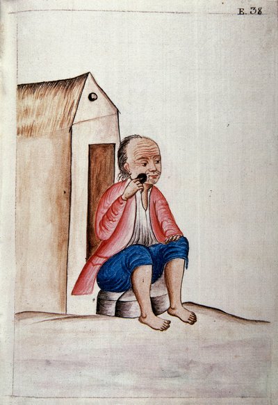 Daglig liv og skikke i Peru: "" Indisk barberer sit skæg på hans dørtrin "" Akvarel taget fra bogen "" Trujillo del Peru "" af Baltasar Martinez Companon y Bajanda, biskop af Trujillo (1782-1785). 1700-tallets Madrid. Biblioteca del Palacio Real af Unknown artist