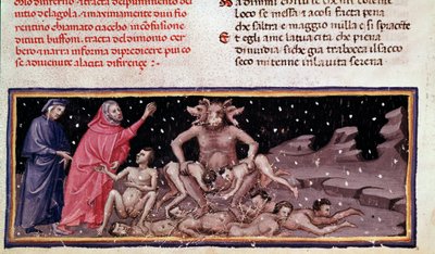 Dante og Virgil møder Ciacco og Cerbere med det frådsende (sang 9 fra Helvede, i den guddommelige komedie) - miniature af Unknown artist