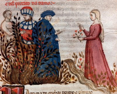 Dante møder Matelda (sang 28 fra skærsilden, i den guddommelige komedie) - miniature af Unknown artist