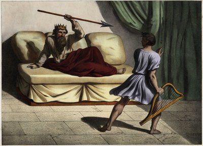 David spillede citar foran kong Saul for at formilde ham. Anonym stik fra midten af 1800-tallet. af Unknown artist