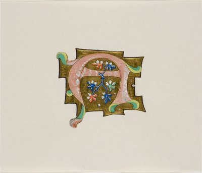 Dekoreret initial "A" i pink med seks blade og to kugler, fra en koralbog af Unknown artist