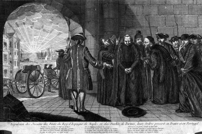 Deportation af jesuiterne den 21/07/1773: Udvisning af jesuiter fra staterne af kongen af Spanien, Napoli og hertugdømmet Parma, deres ordrer forbudt i Frankrig og Portugal. Stik fra begyndelsen af 1800-tallet af Unknown artist