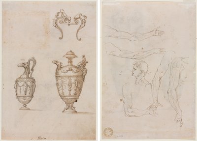 Design til to vaser og et ornament (recto); Skitser af fem arme og et hoved (verso) af Unknown artist