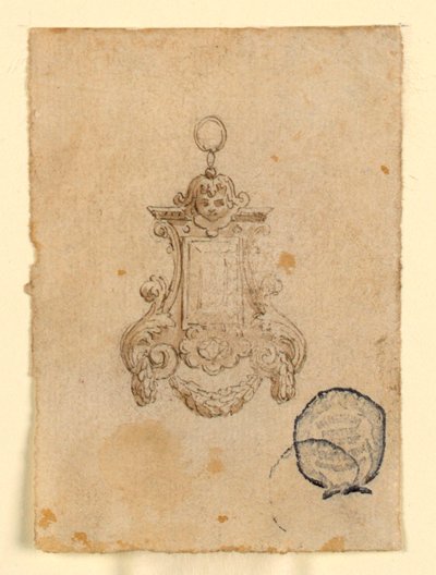 Design til et vedhæng med bladvolutter og barnehoved af Unknown artist