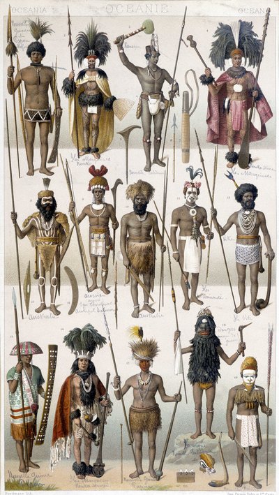 Forskellige kostumer af Warriors of Oceania. af Unknown artist