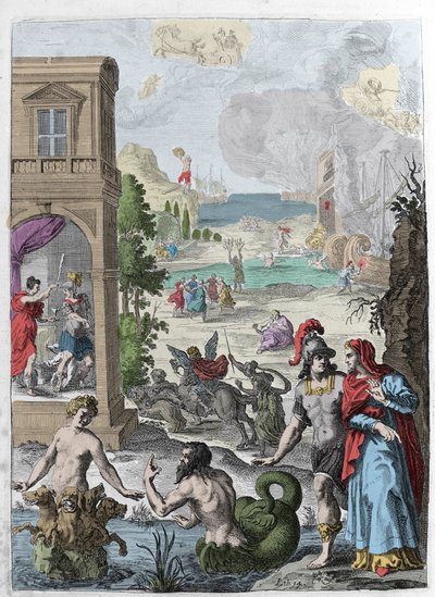 Forskellige metamorfoser, i forgrunden Scylla og havguden Glaucos forelsket i hende, i baggrunden afviser den hængte Iphis af Anaxarete. Illustration taget fra bog XIV af "" Metamorphoses"" (Metamorfosi) af Ovide (43 f.Kr.-17 e.Kr.). Gravering 1 af Unknown artist