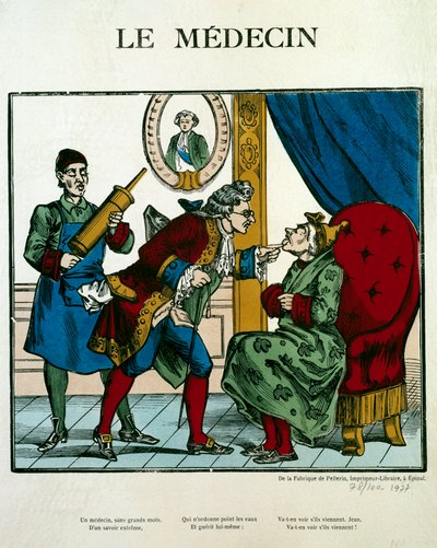 Doctor Scene, der repræsenterer en læge, der undersøger en patient, hans assistent bag ham holder en clystere. Indgravering af det 19. århundredes Paris, B.N. af Unknown artist